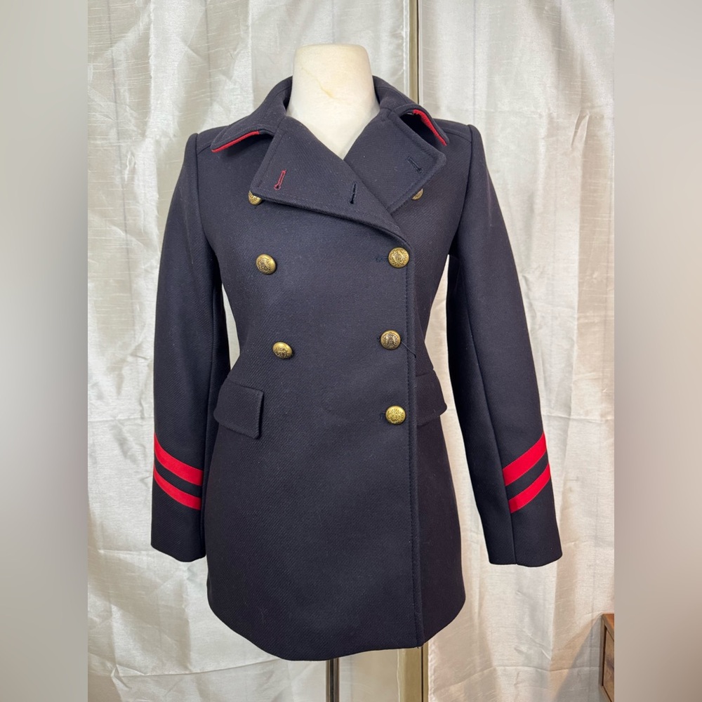 Zara Women's Double-Breasted Navy Coat with Red Accents